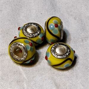NEW SET OF 4 PANDORA MURANO BEADS YELLOW W/BROWN STRIPES AND RAISED BLUE & RED F